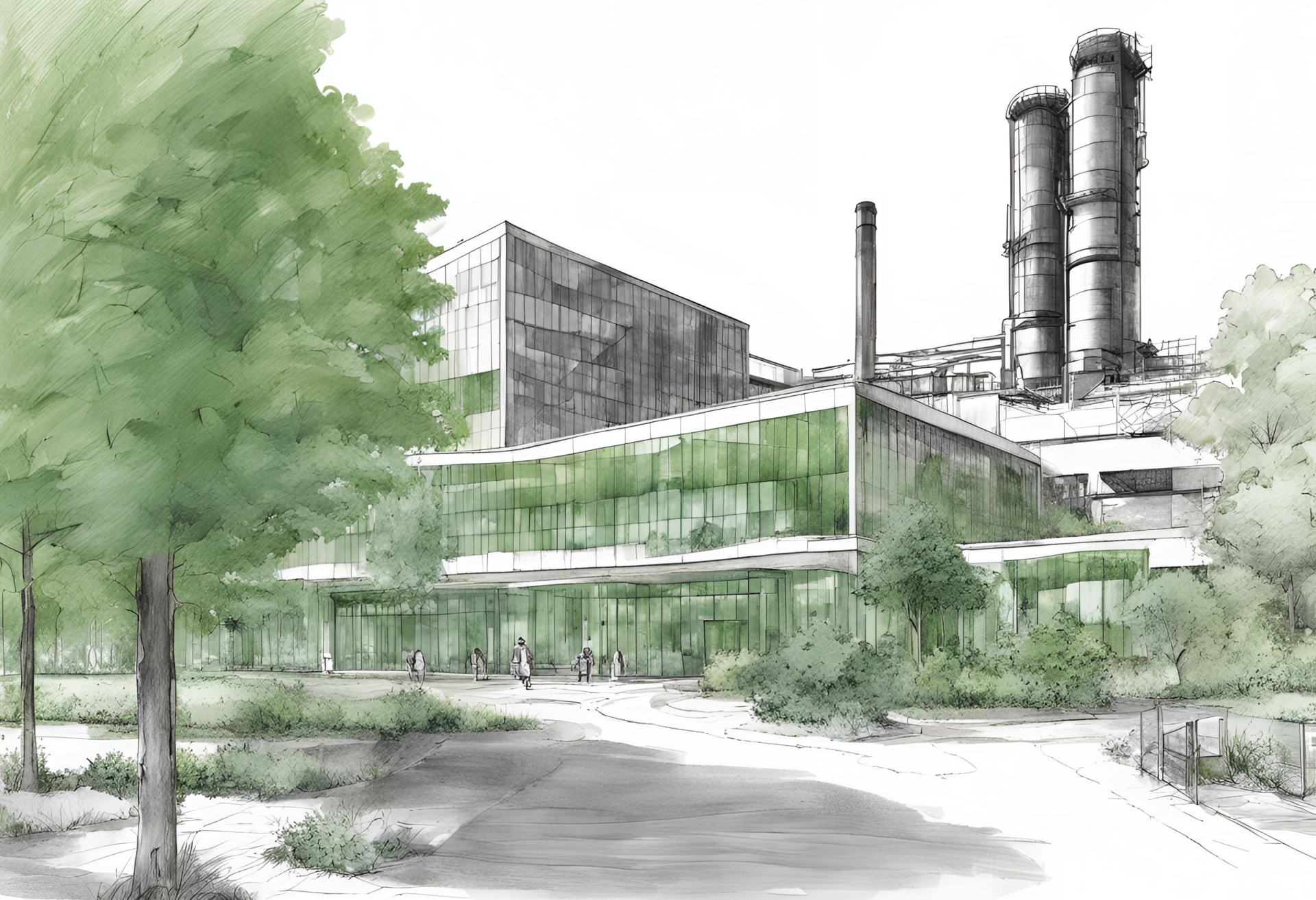 Skizze eines modernen, begrünten Büro-Campus mit altem Hochofen im Hintergrund Skizze eines modernen, begrünten Büro-Campus mit altem Hochofen im Hintergrund