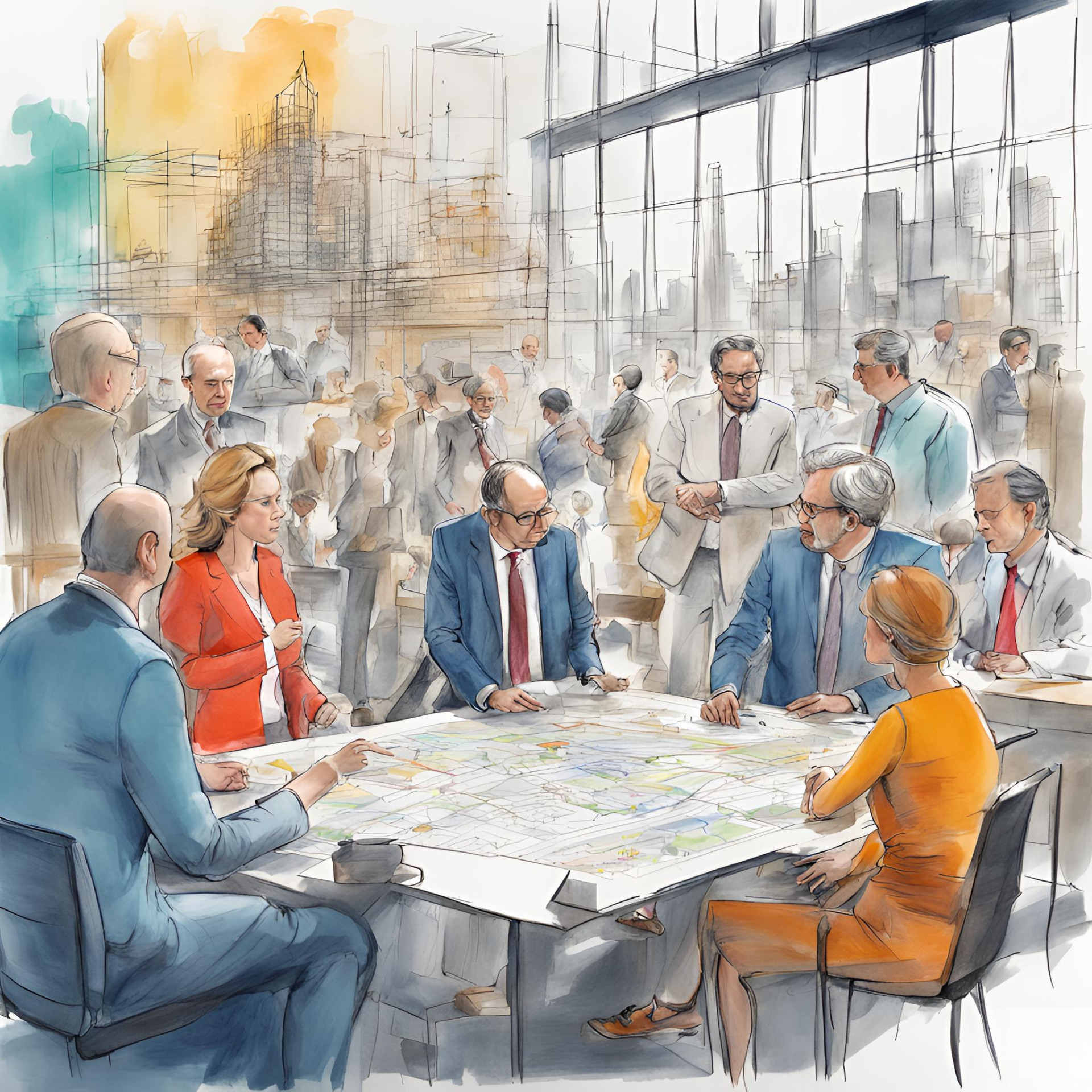 colored Sketch, city planner (woman and man) discussing a modern city with politicans during a creative workshop colored Sketch, city planner (woman and man) discussing a modern city with politicans during a creative workshop