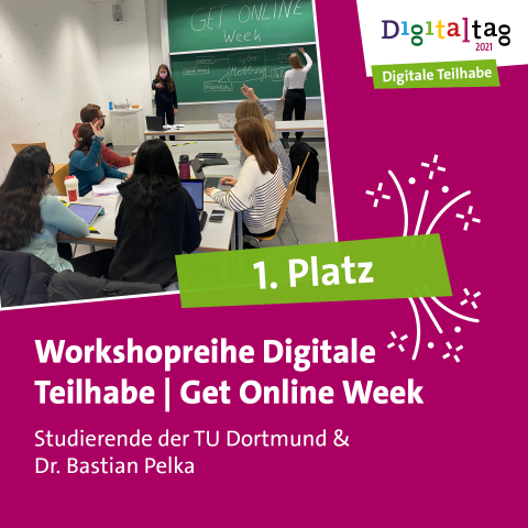 Das Team der „Get Online Week 2022“ hat in der Kategorie „Digitale Teilhabe“ gewonnen. Werbeflyer der Workshop Reihe