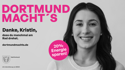 Portrait von Dortmunder*innen unter dem Slogan "Dortmund macht’s Viele Dortmunder*innen wollen wie 'Kristin' in diesem Winter Energie sparen.